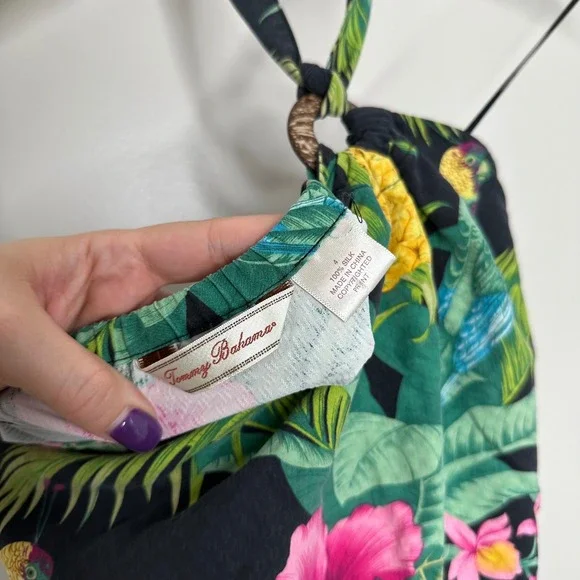 Tommy Bahama‎ Women's Silk Halter Dress Tropical Parrot Pineapple Print 4 - Picture 5 of 8